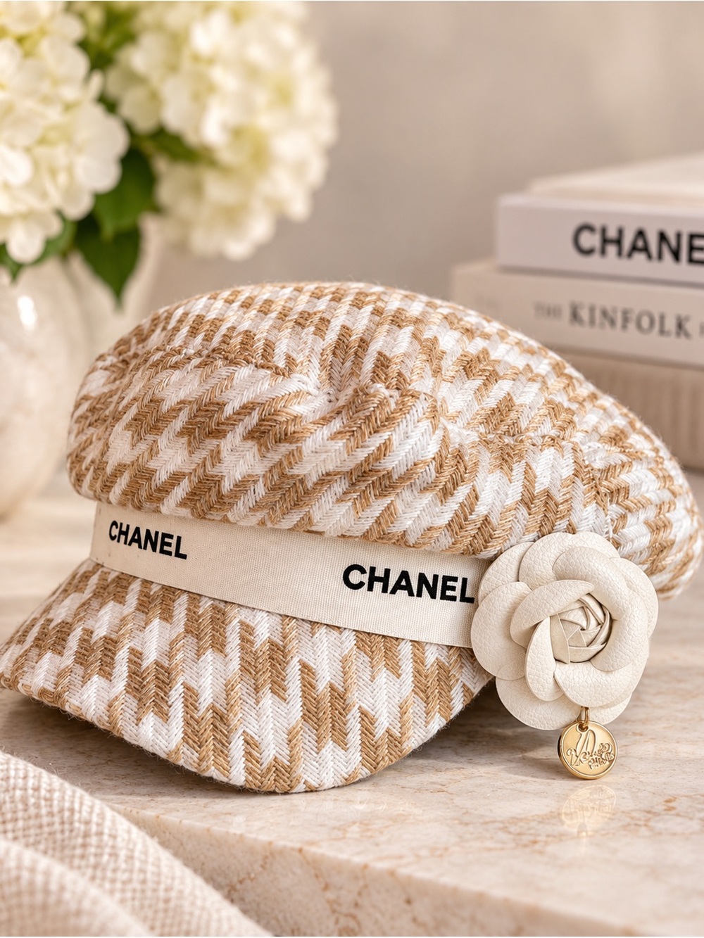 Tweed Newsboy Cap with authentic Chanel Ribbon
